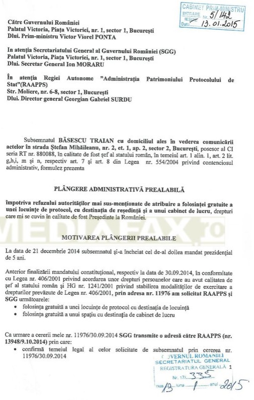 plangere administrativa Traian Basescu - Mediafax