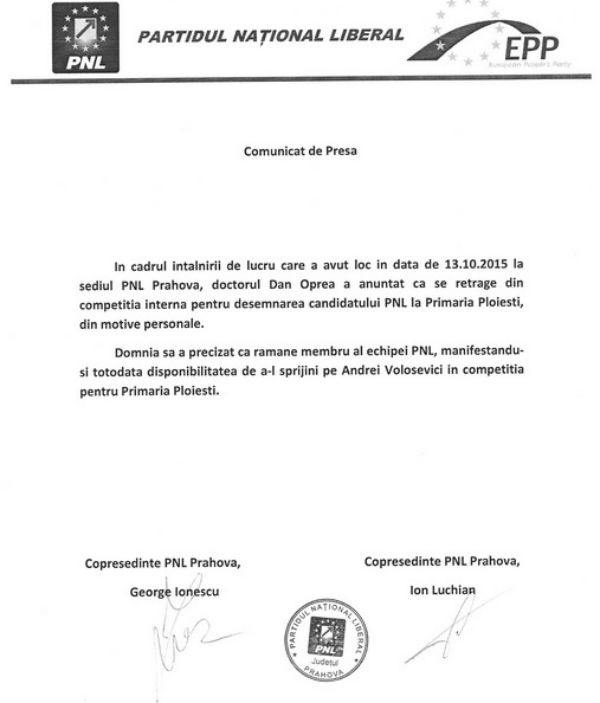 retragere dr. Dan Oprea PNL Ploiesti