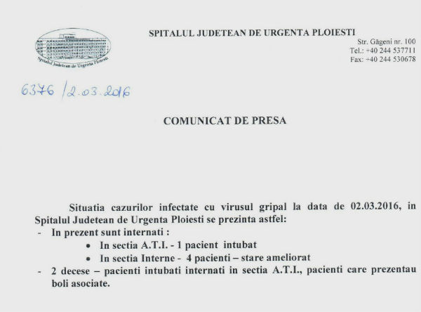 anunt decese SJU Ploiesti 2 martie 2016
