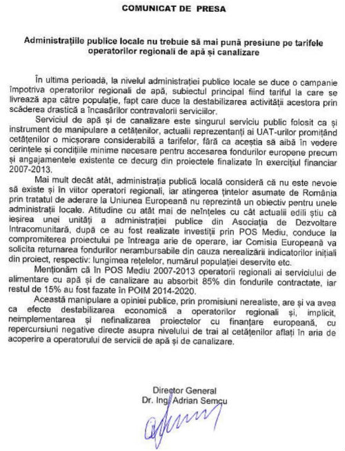 comunicat SC HidroPrahova SA - Adrian Semcu