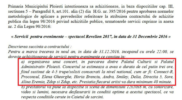 achizitii publice primaria Ploiesti - Revelion 2017