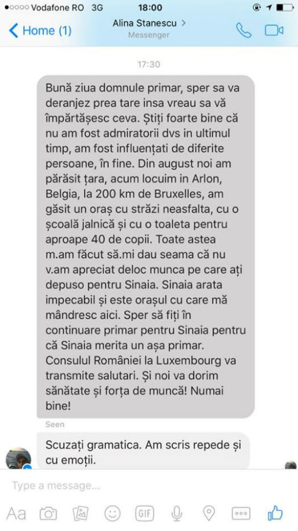 mesaj pentru primar Sinaia