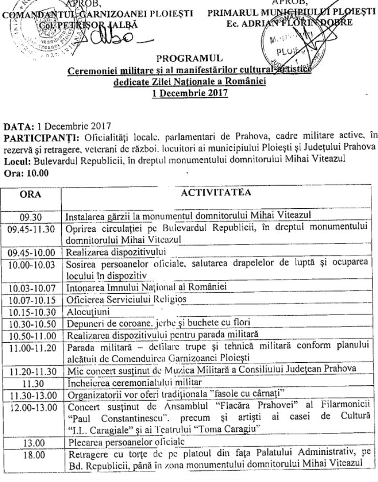 program 1 decembrie Ploiesti 2017