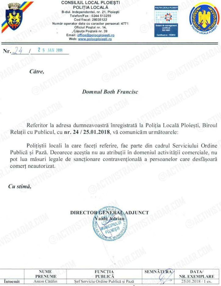 raspuns Politia Locala Ploiesti